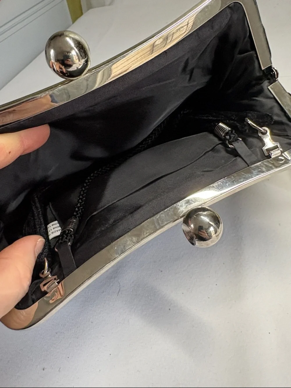Black Velvet Lined Synthetic Evening Clutch with Silver Kisslock Frame